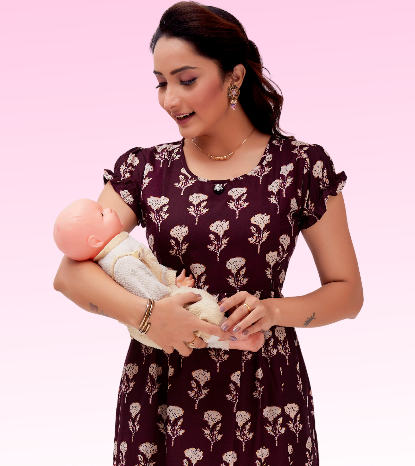 Impressive Wine Cotton Blend Printed Layered Anarkali Feeding Kurta