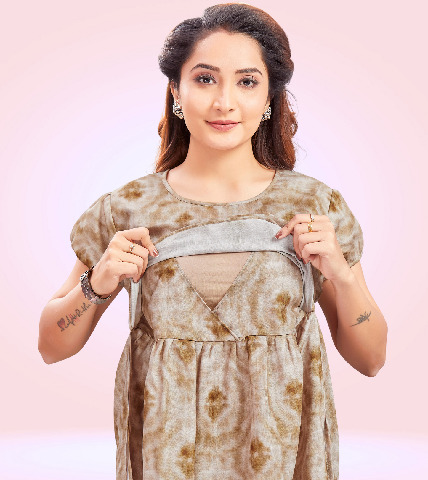 Elegant Fawn Cotton Printed Straight Zipless Feeding Kurta