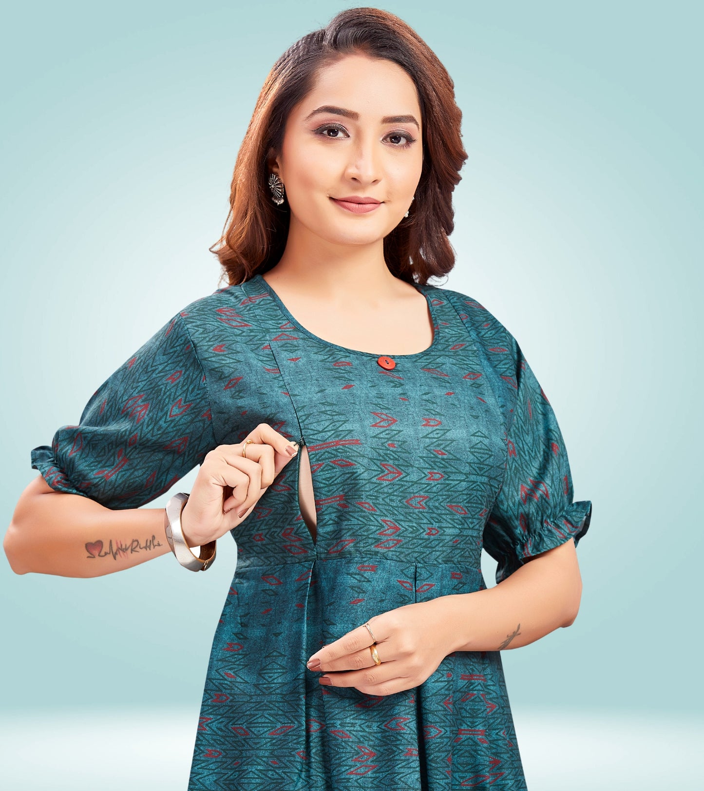 Peacock Green Cotton Printed Flared Feeding Kurta