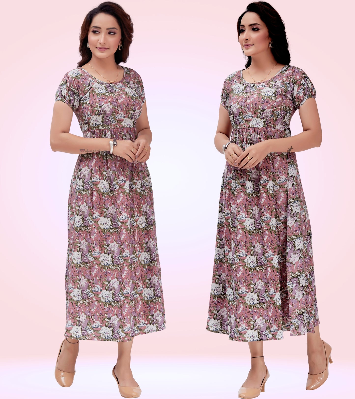 Mesmerizing Pink Poly Wrinkle Printed Flared Feeding Dress