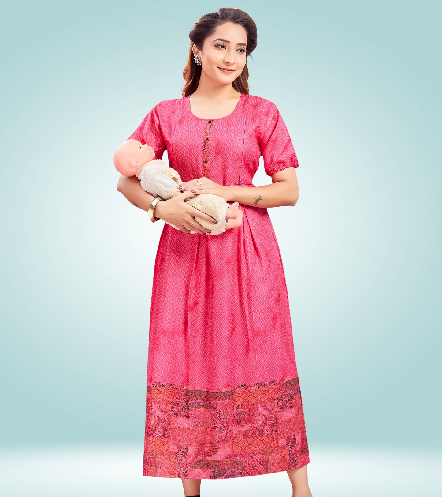 Stunning Pink Cotton Printed Flared Feeding Kurta