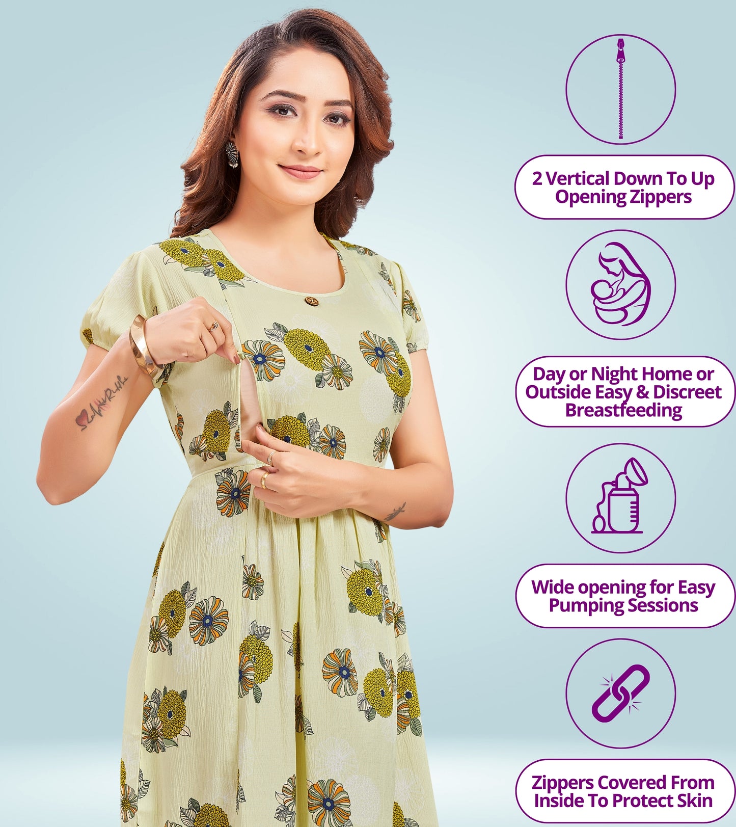 Aqua Green Poly Wrinkle Printed Flared Feeding Kurta