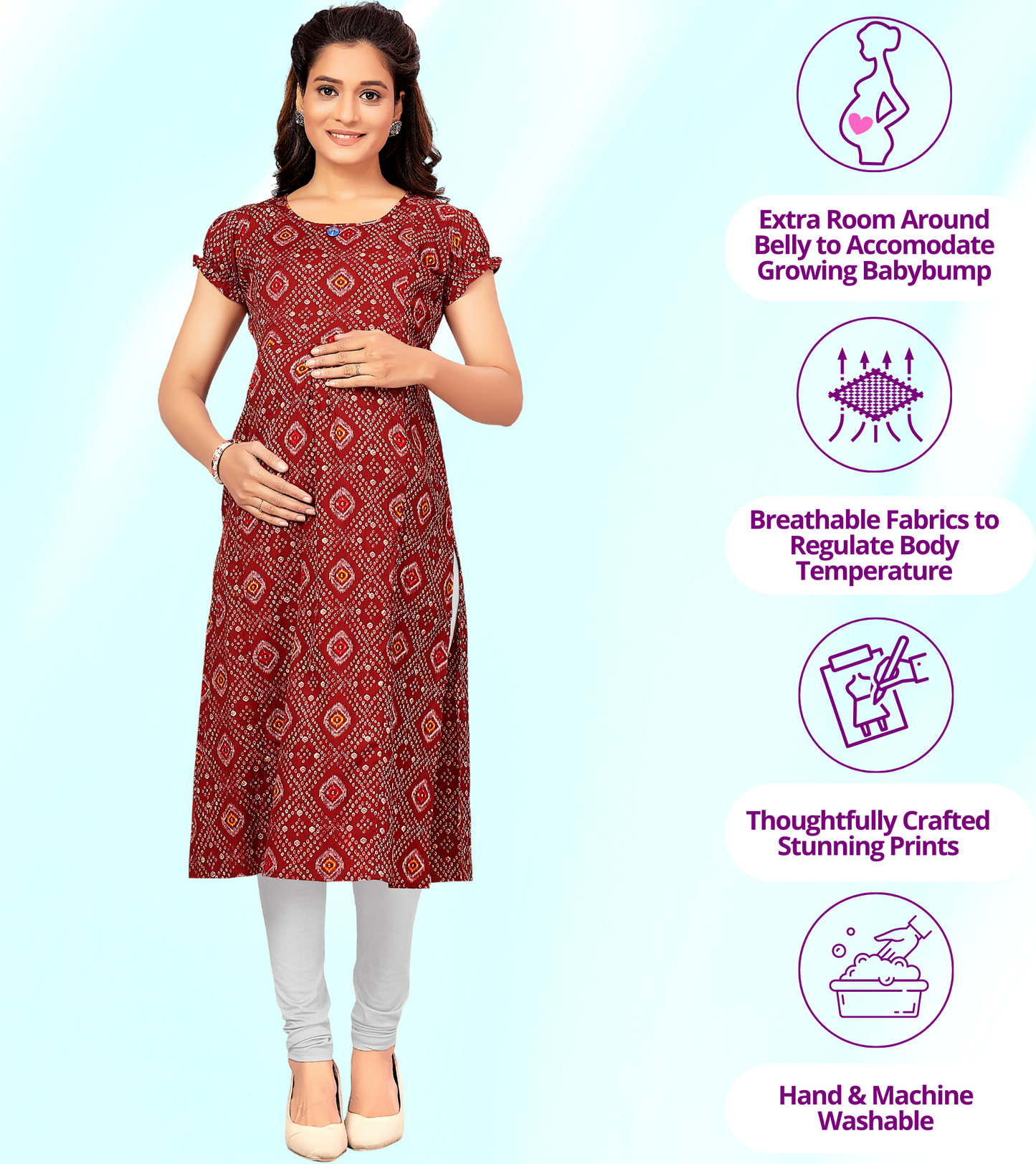 Jazzy Maroon Poly Wrinkle Printed Straight Feeding Kurta