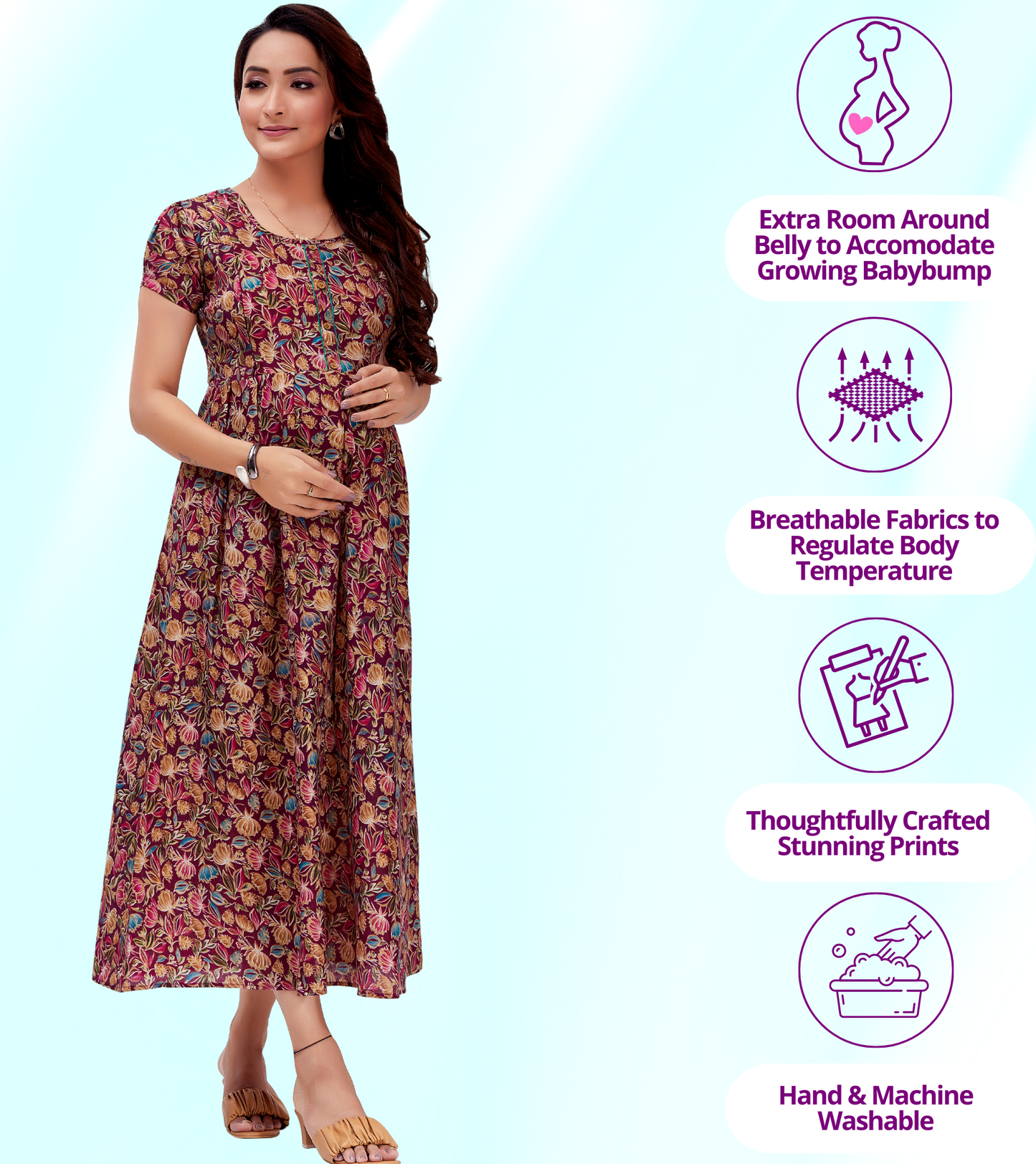 Matchless Wine Cotton Blend Printed Flared Feeding Kurta