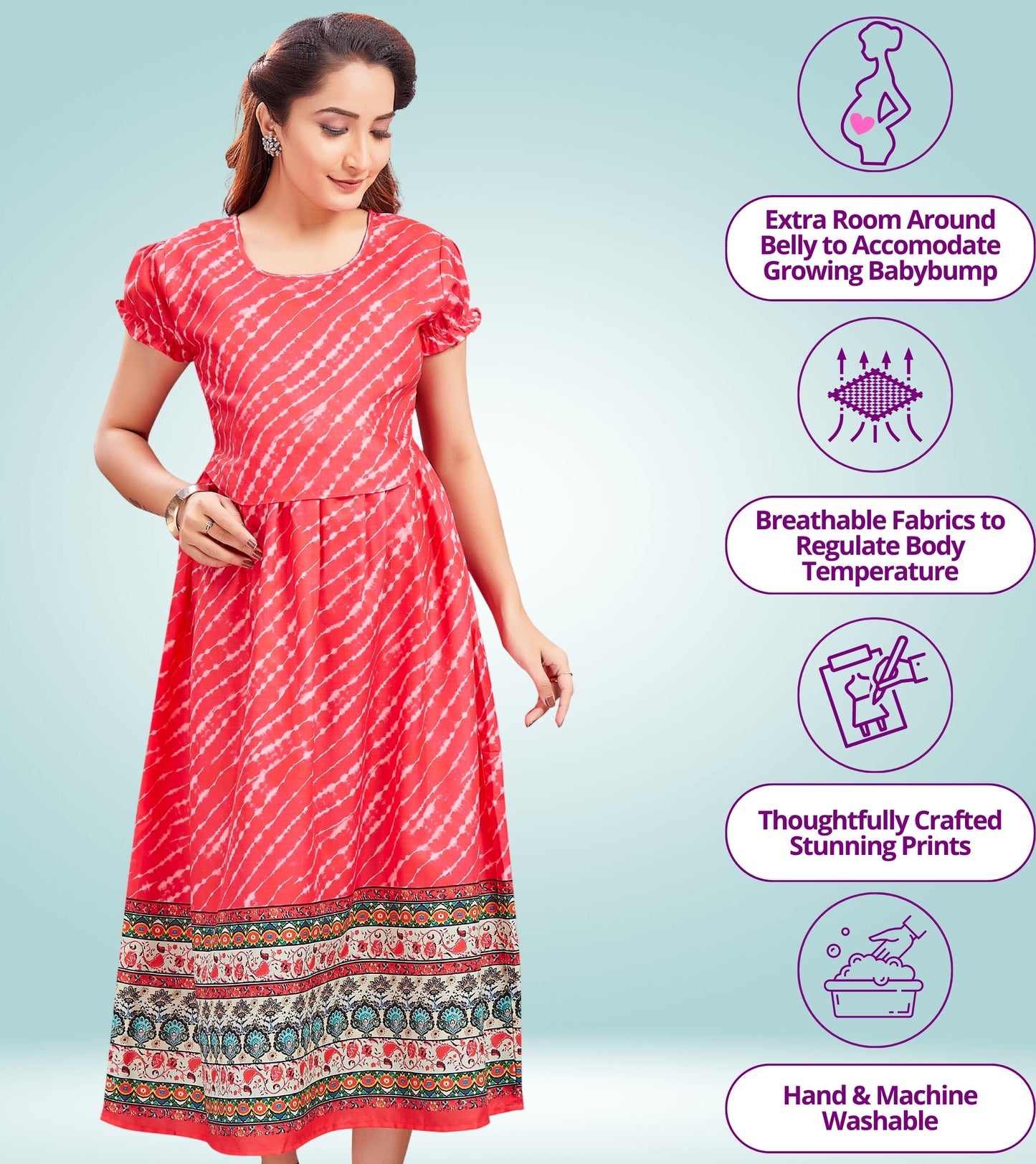 Flirty Pink Cotton Printed Flared Zipless Feeding Kurta