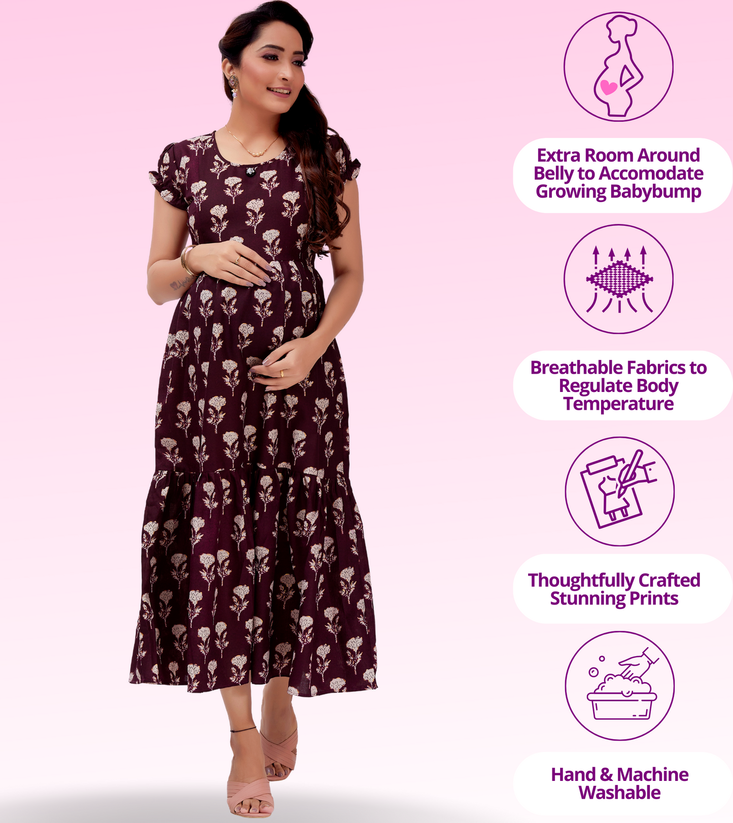 Impressive Wine Cotton Blend Printed Layered Anarkali Feeding Kurta
