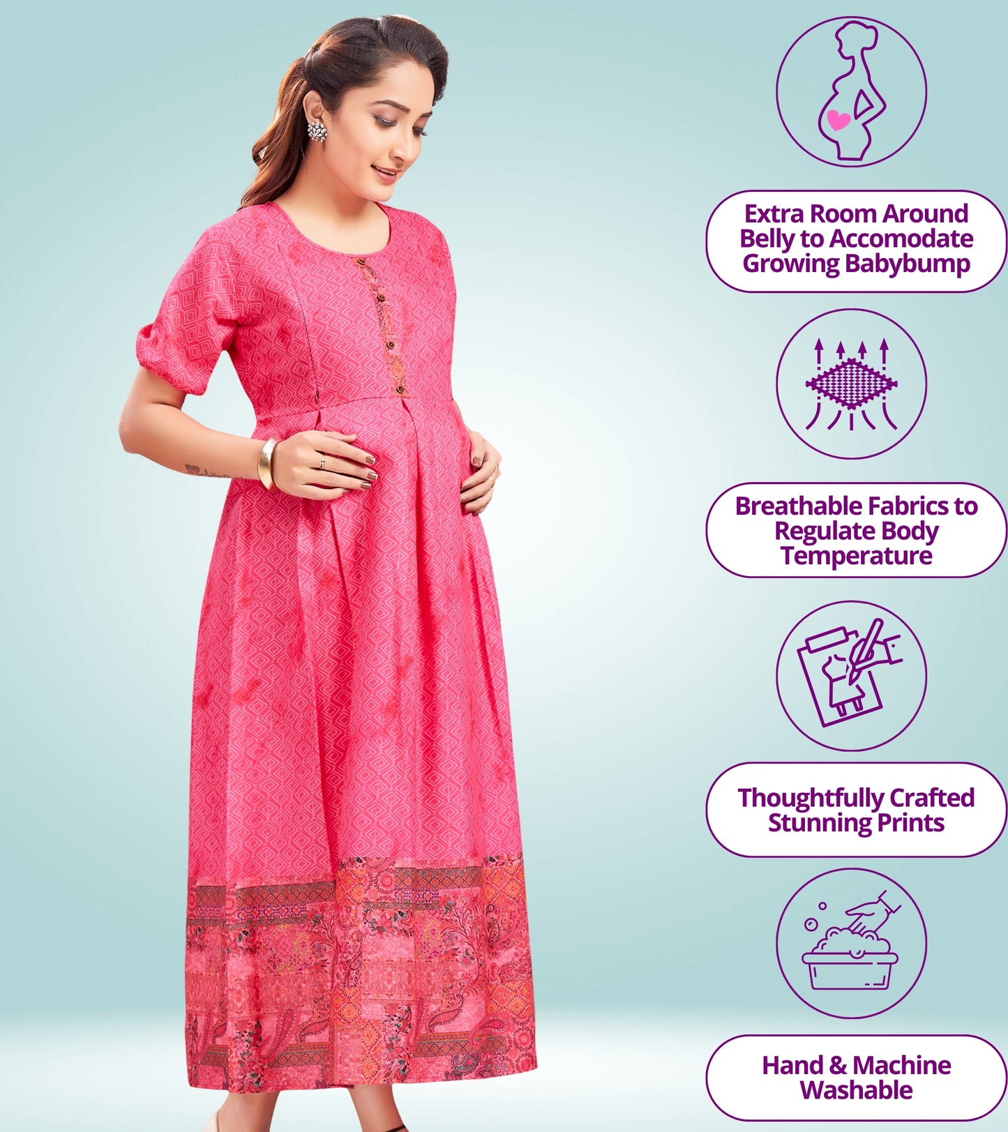 Stunning Pink Cotton Printed Flared Feeding Kurta