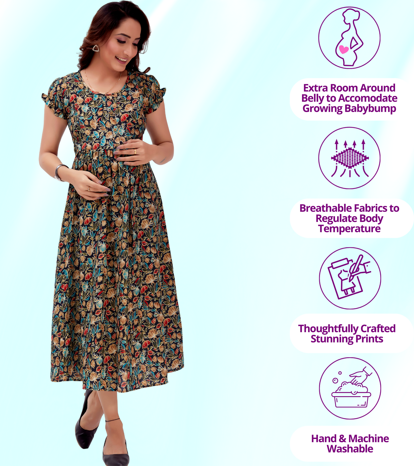 Dazzling Blue Cotton Blend Printed Flared Feeding Kurta