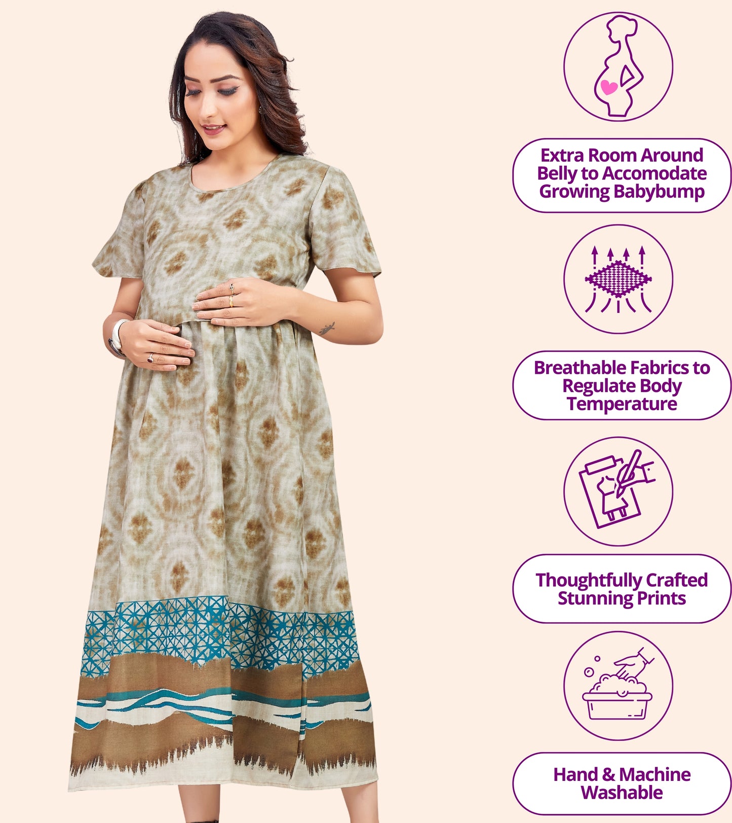 Stylish Beige Cotton Printed Flared Zipless Feeding Kurta
