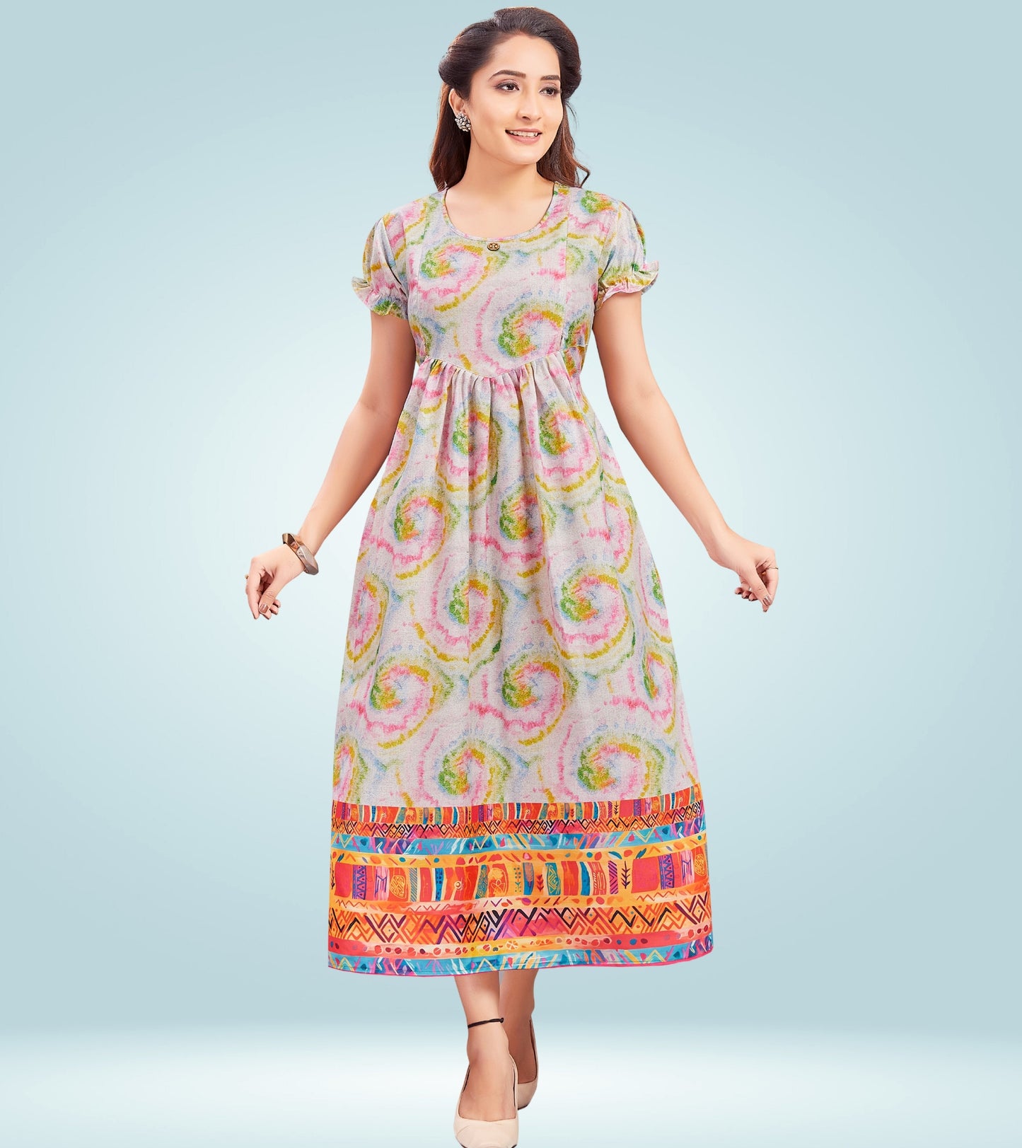 Mesmerising White Cotton Printed Flared Feeding Kurta