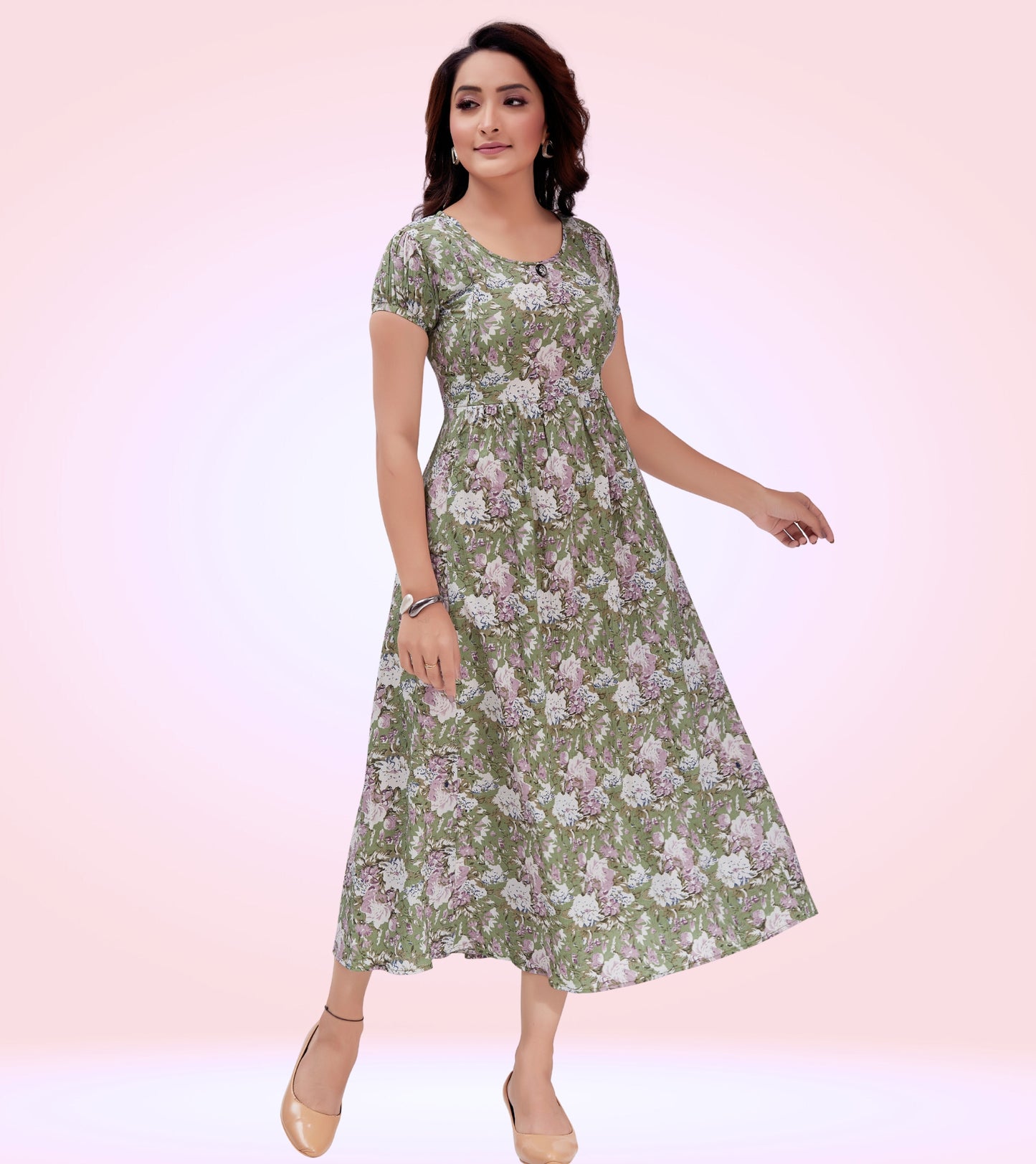 Splendid Green Poly Wrinkle Printed Flared Feeding Dress