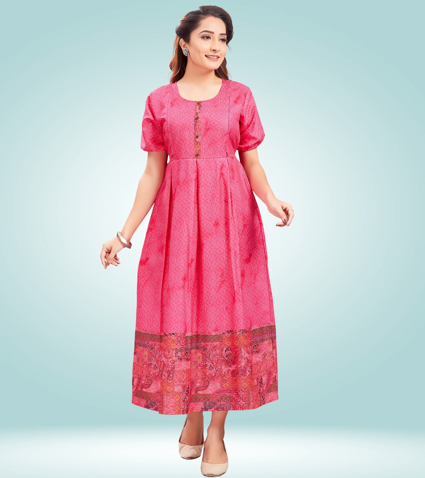 Stunning Pink Cotton Printed Flared Feeding Kurta
