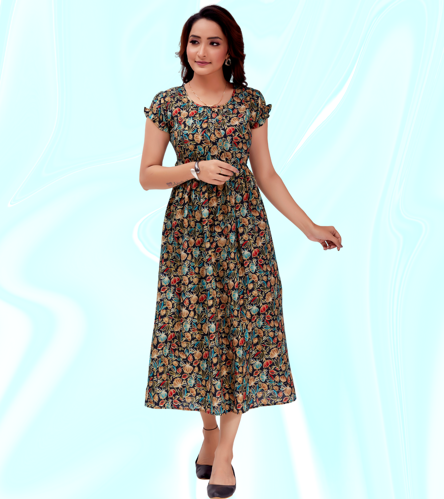 Dazzling Blue Cotton Blend Printed Flared Feeding Kurta