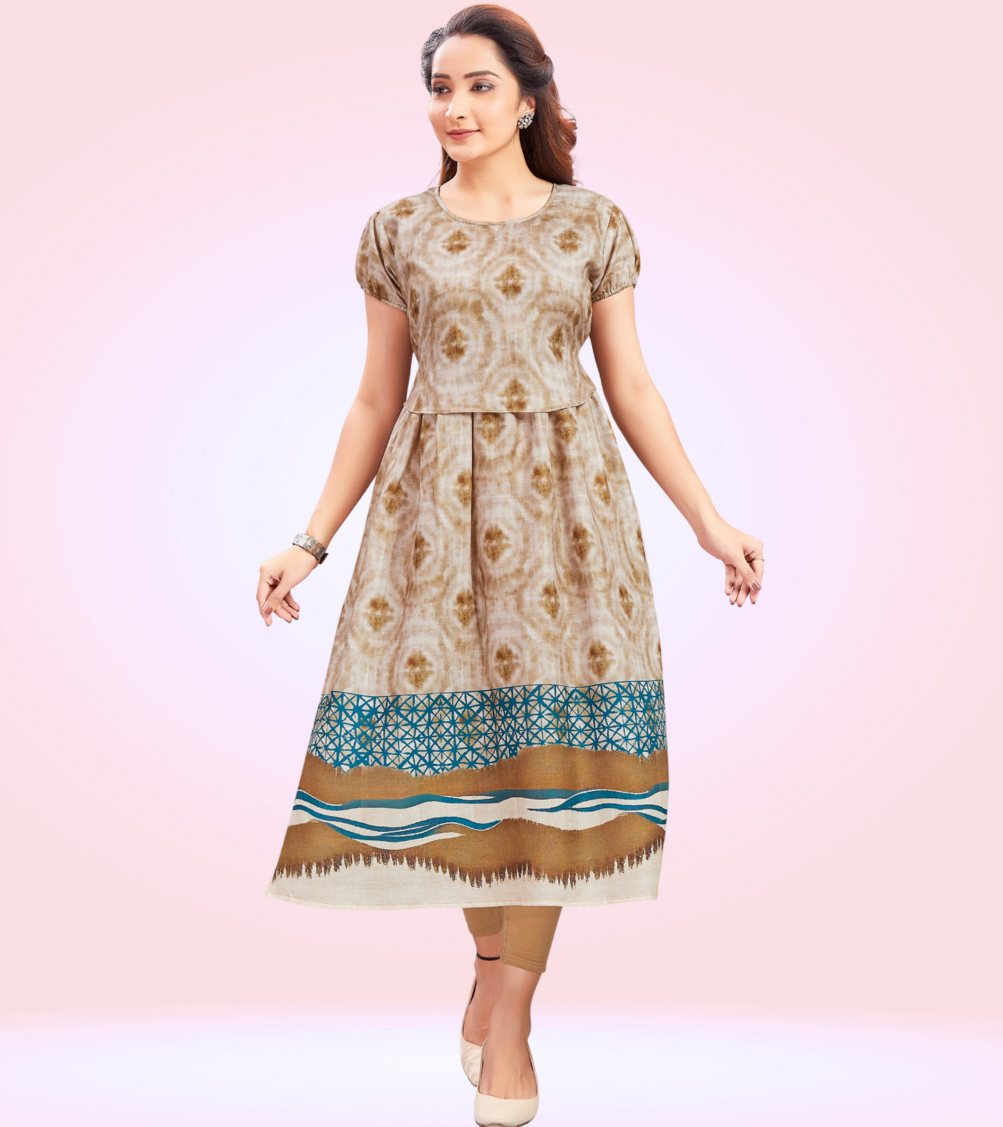 Elegant Fawn Cotton Printed Straight Zipless Feeding Kurta