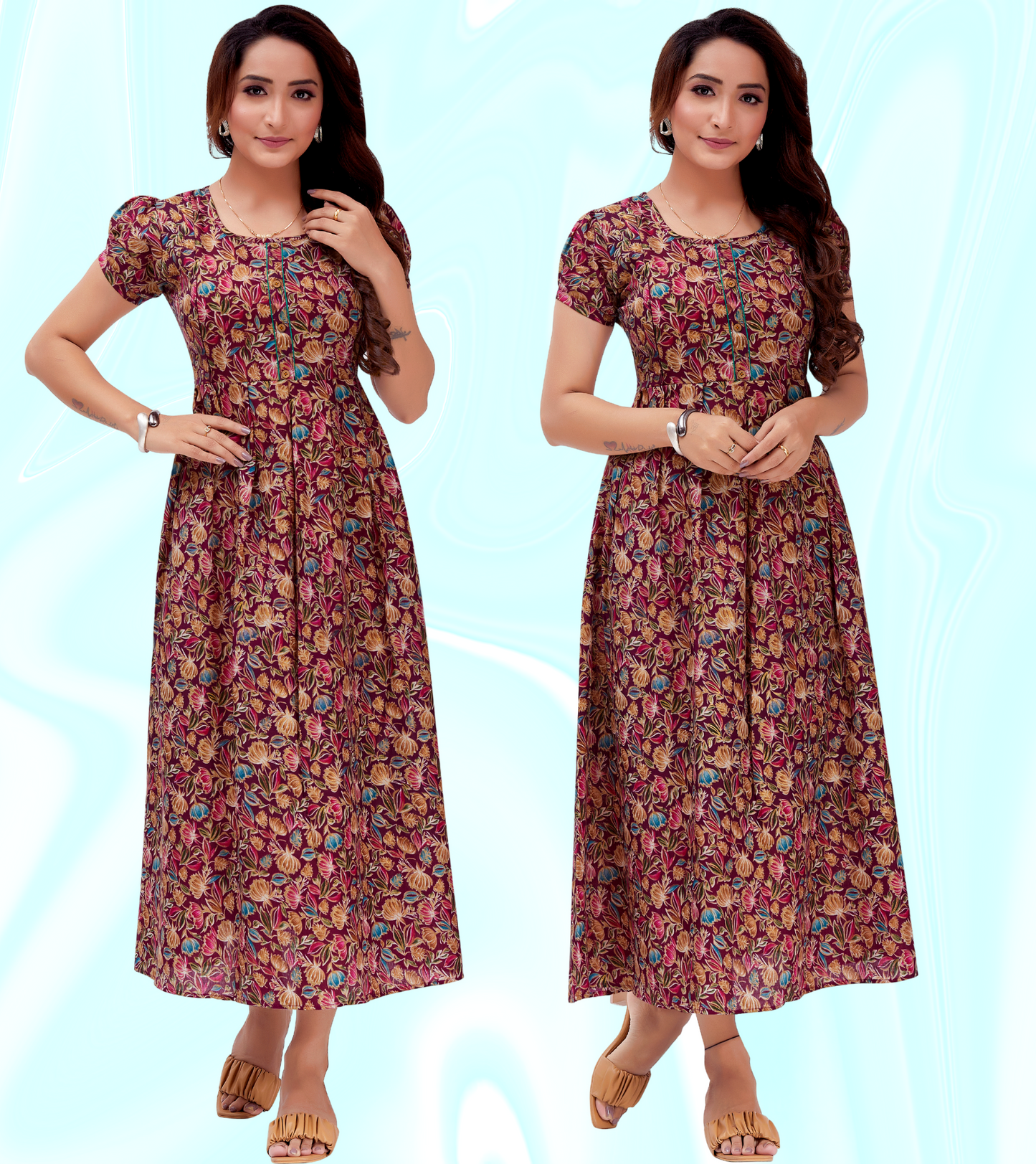 Matchless Wine Cotton Blend Printed Flared Feeding Kurta
