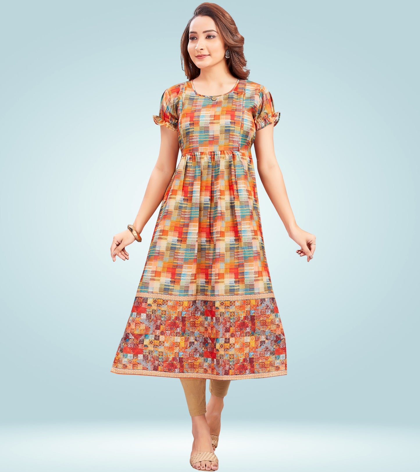 Sparkling Beige Cotton Printed Straight Feeding Kurta