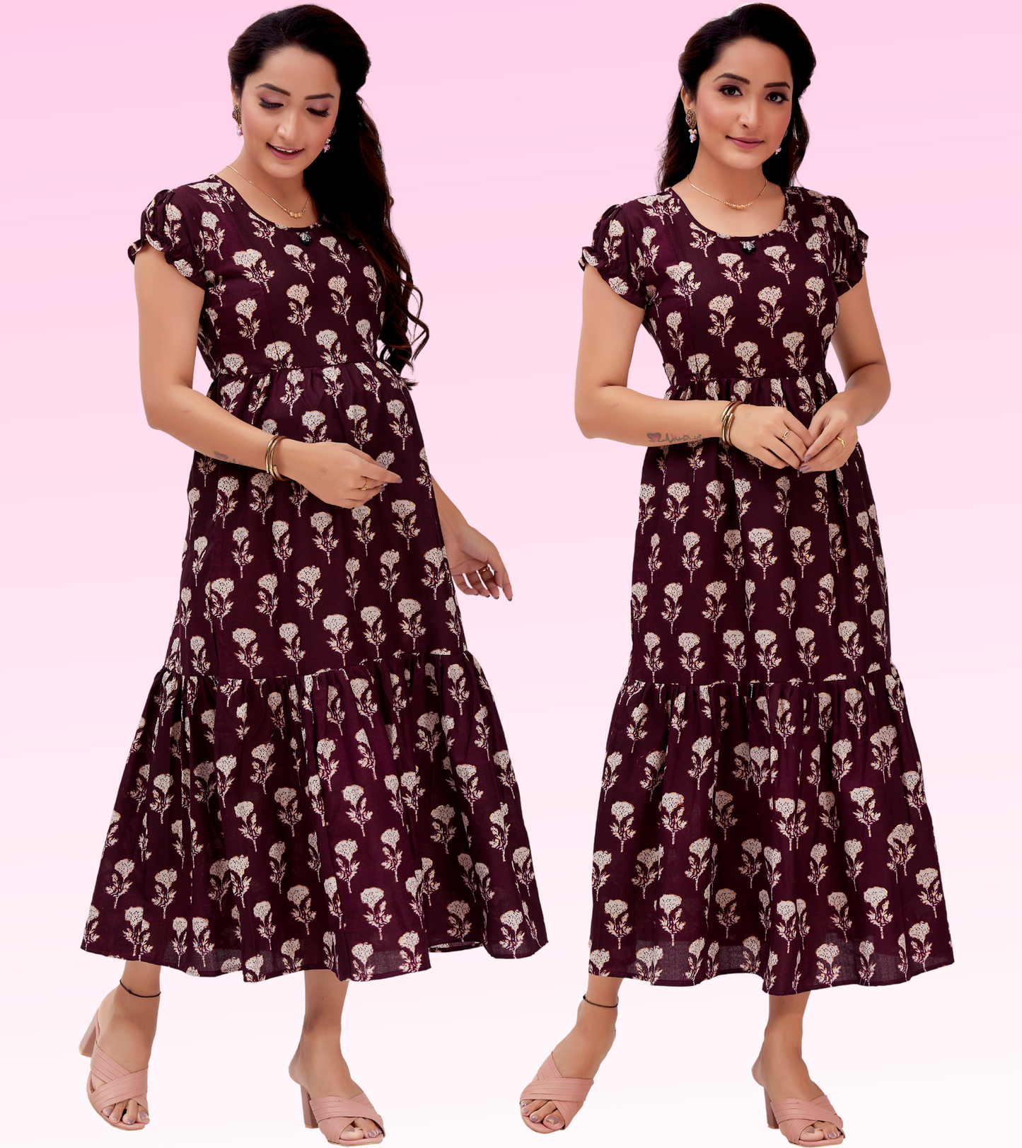 Impressive Wine Cotton Blend Printed Layered Anarkali Feeding Kurta