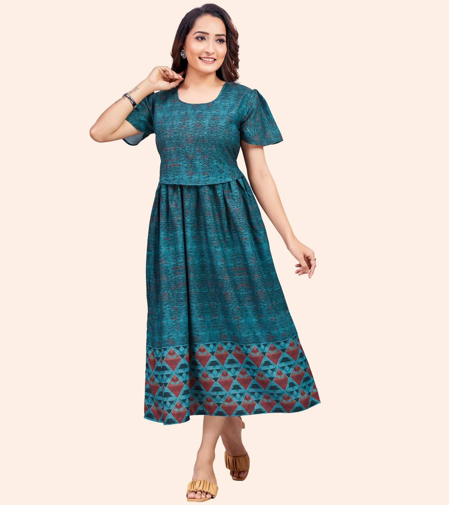 Bottle Green Cotton Printed Flared Zipless Feeding Kurta