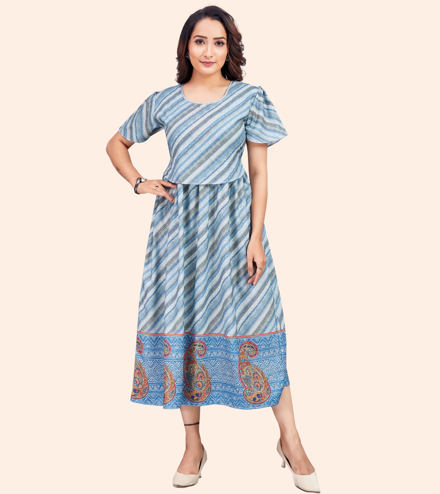 Smoky Grey Cotton Printed Flared Zipless Feeding Kurta