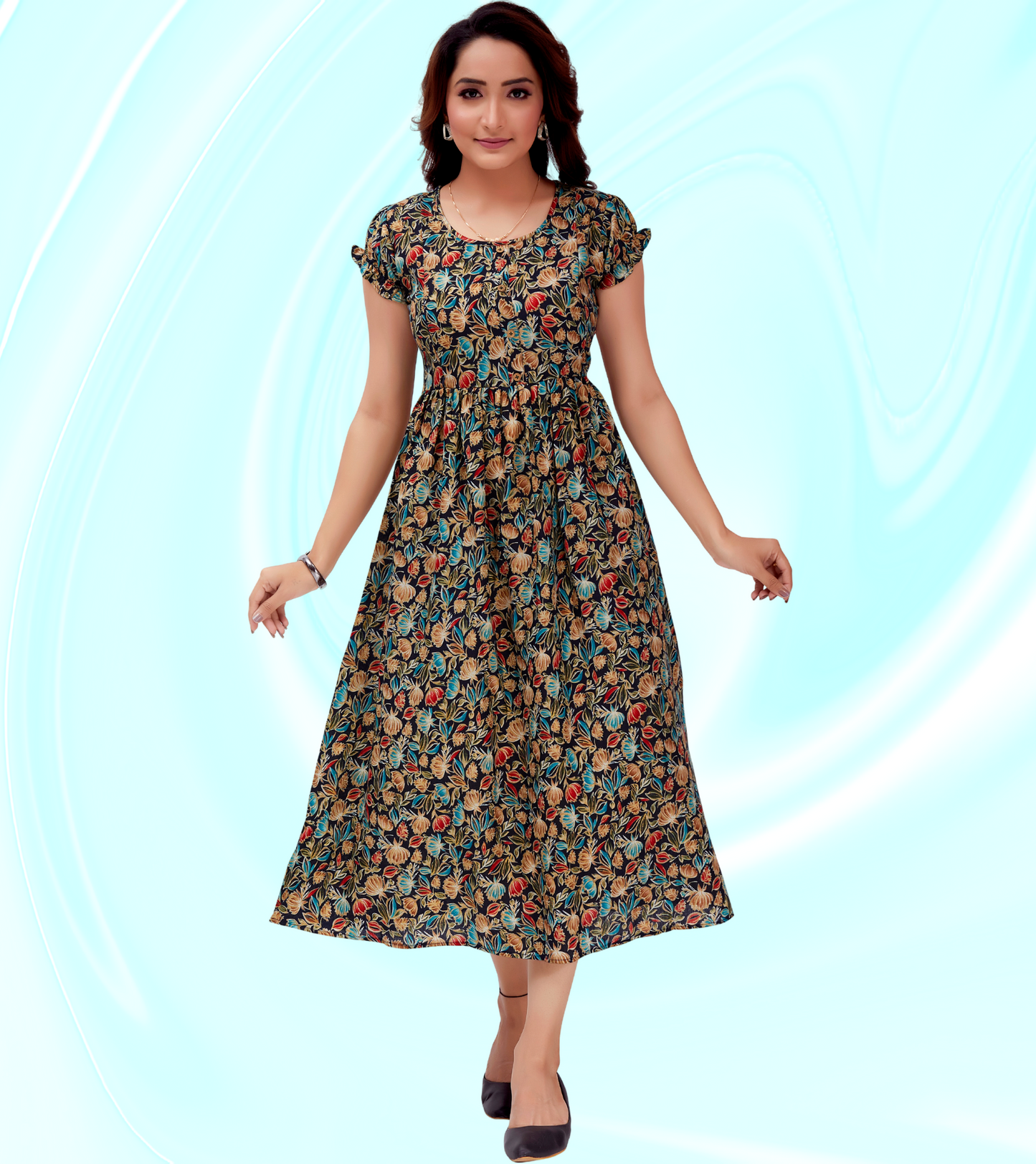 Dazzling Blue Cotton Blend Printed Flared Feeding Kurta
