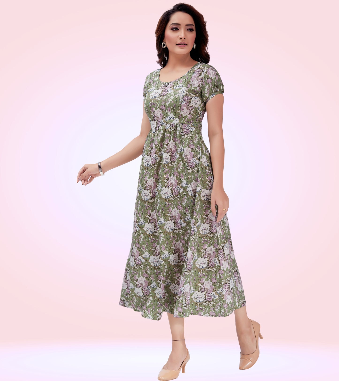 Splendid Green Poly Wrinkle Printed Flared Feeding Dress