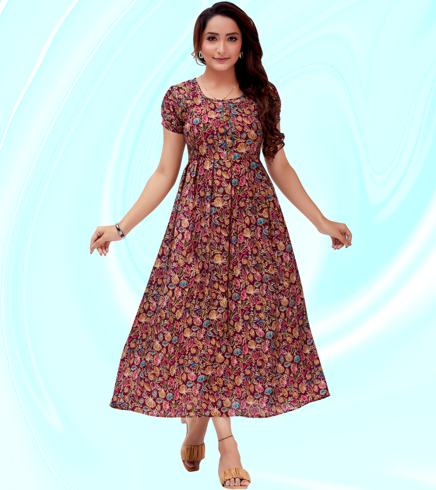 Matchless Wine Cotton Blend Printed Flared Feeding Kurta