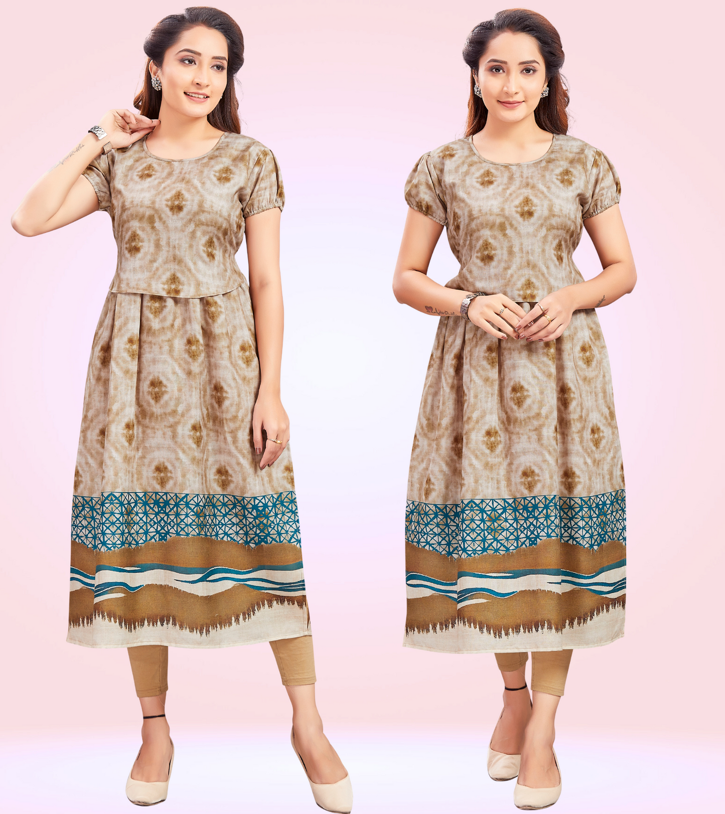 Elegant Fawn Cotton Printed Straight Zipless Feeding Kurta