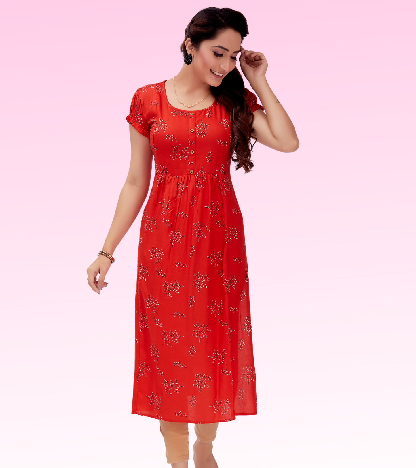 Elegant Pink Rayon Printed Straight Feeding Kurta