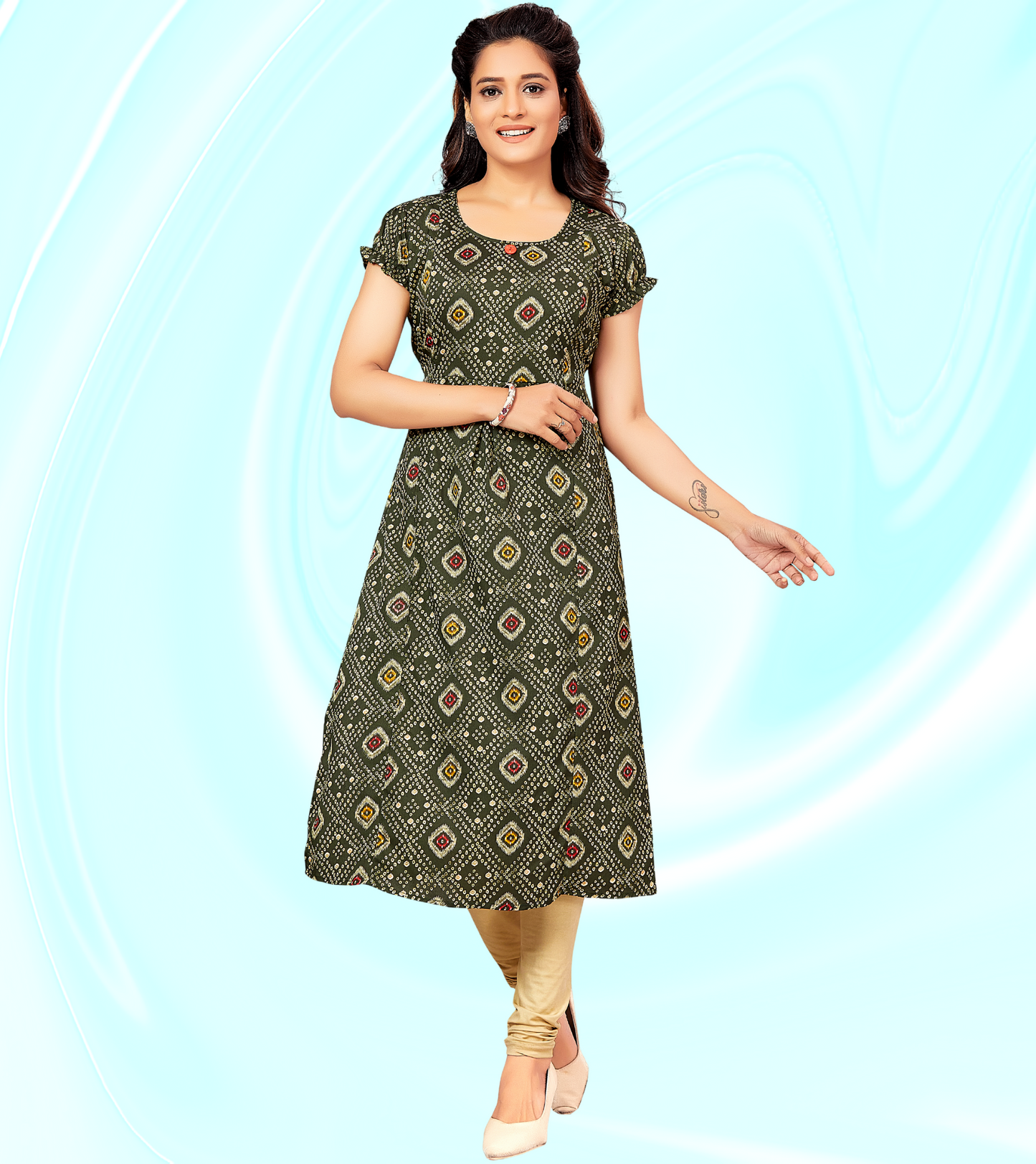 Energetic Green Poly Wrinkle Printed Straight Feeding Kurta
