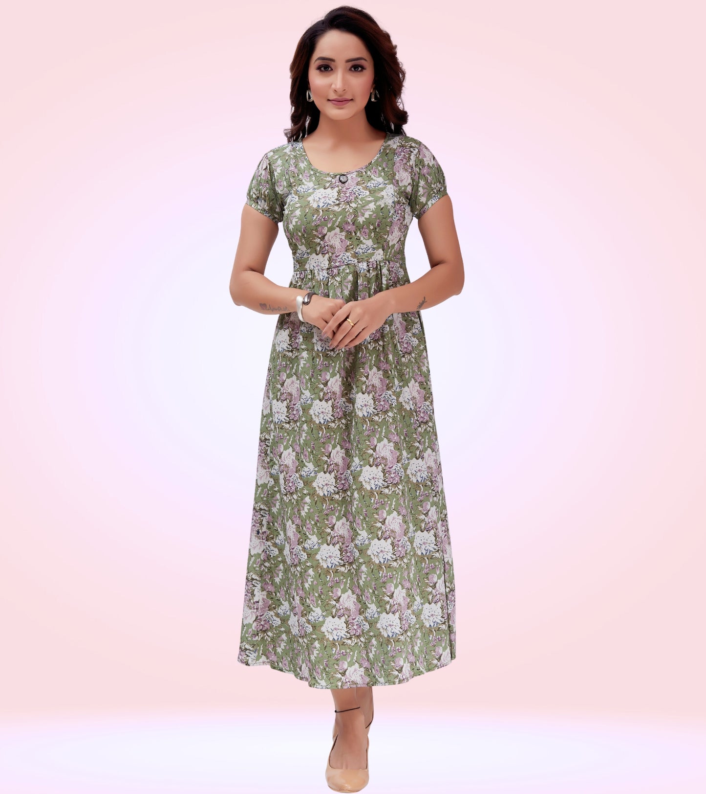 Splendid Green Poly Wrinkle Printed Flared Feeding Dress