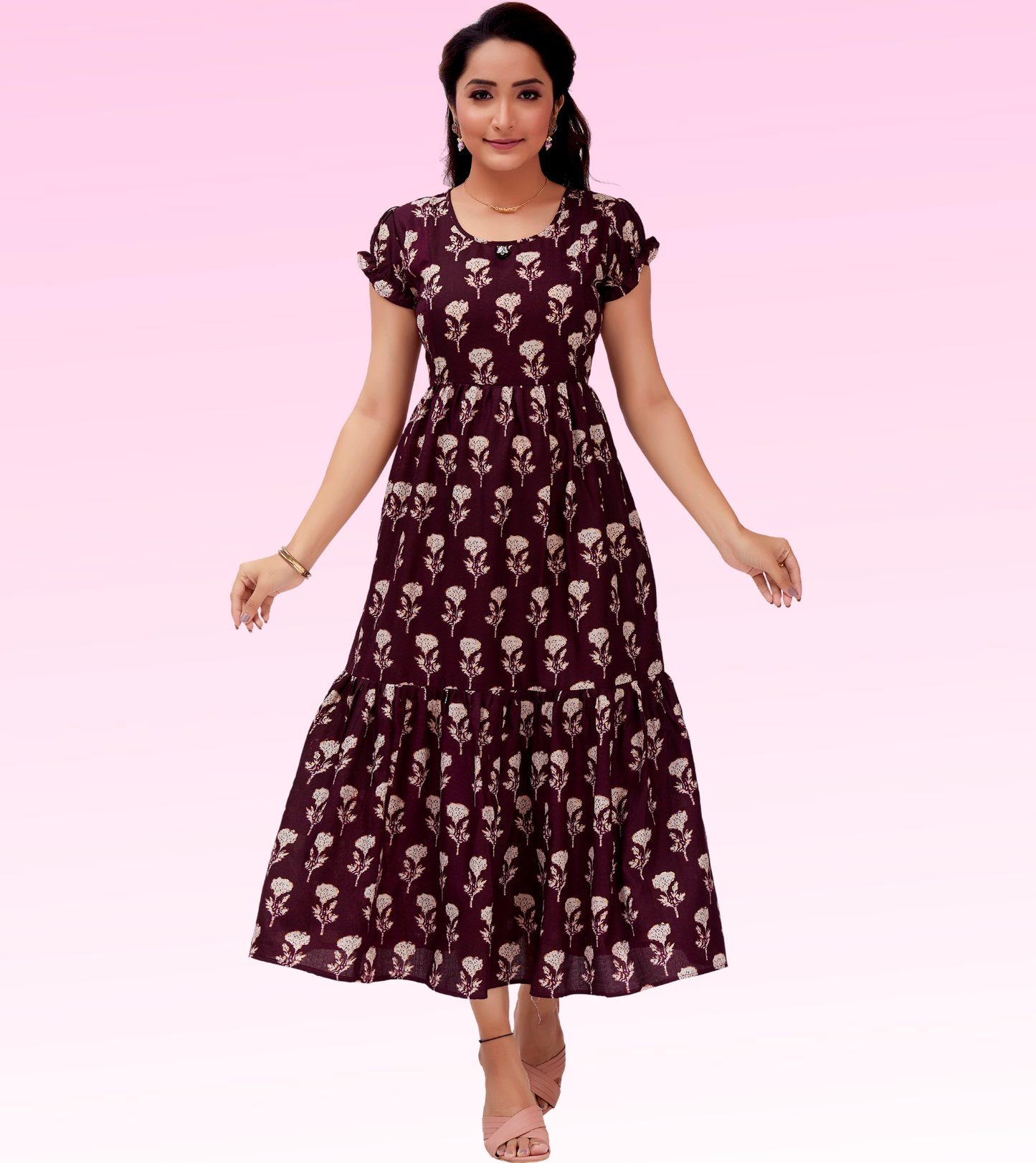 Impressive Wine Cotton Blend Printed Layered Anarkali Feeding Kurta