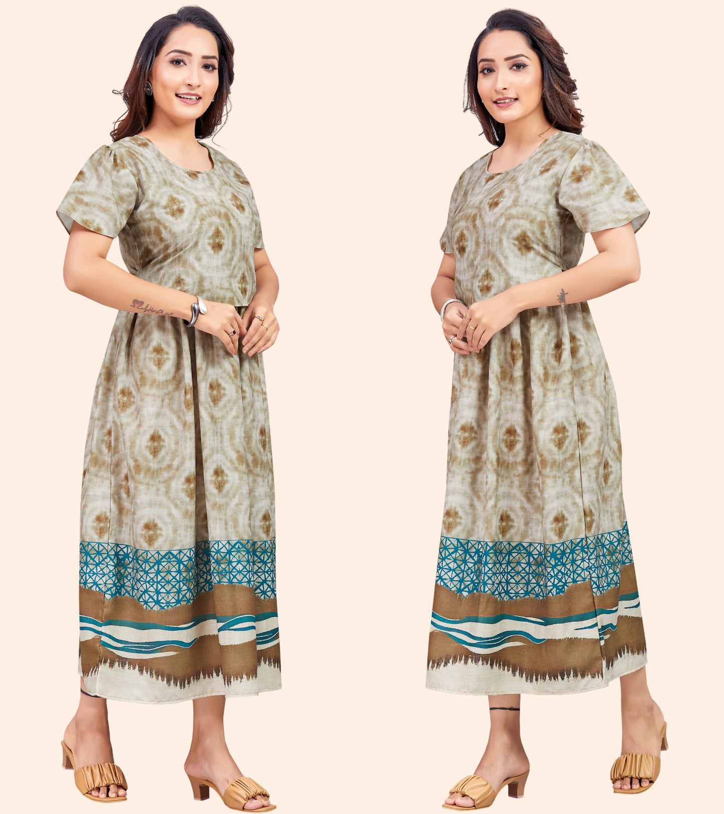 Stylish Beige Cotton Printed Flared Zipless Feeding Kurta