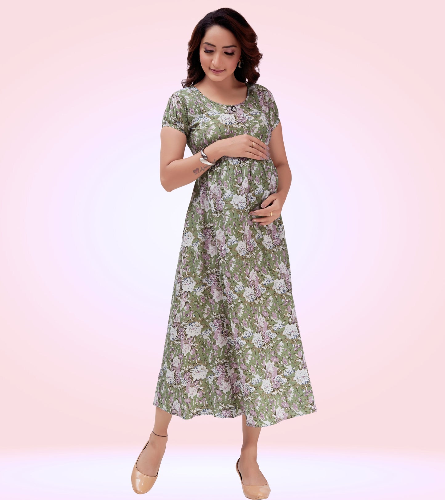 Splendid Green Poly Wrinkle Printed Flared Feeding Dress