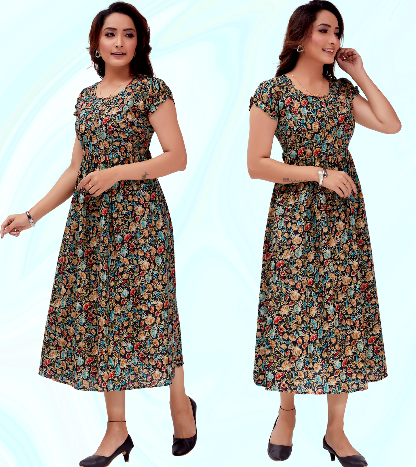 Dazzling Blue Cotton Blend Printed Flared Feeding Kurta