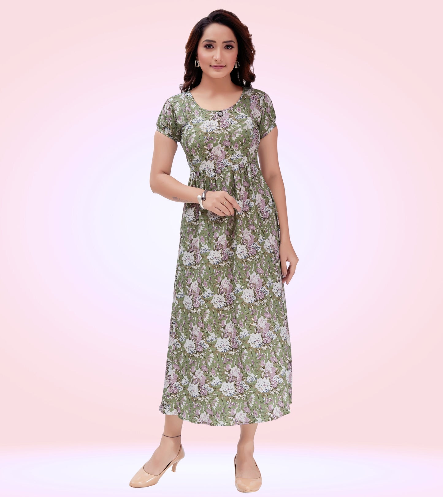 Splendid Green Poly Wrinkle Printed Flared Feeding Dress
