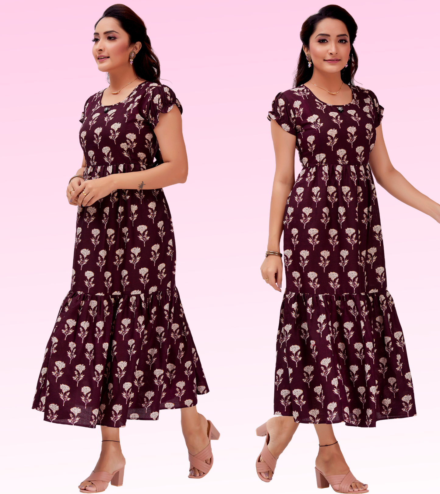 Impressive Wine Cotton Blend Printed Layered Anarkali Feeding Kurta