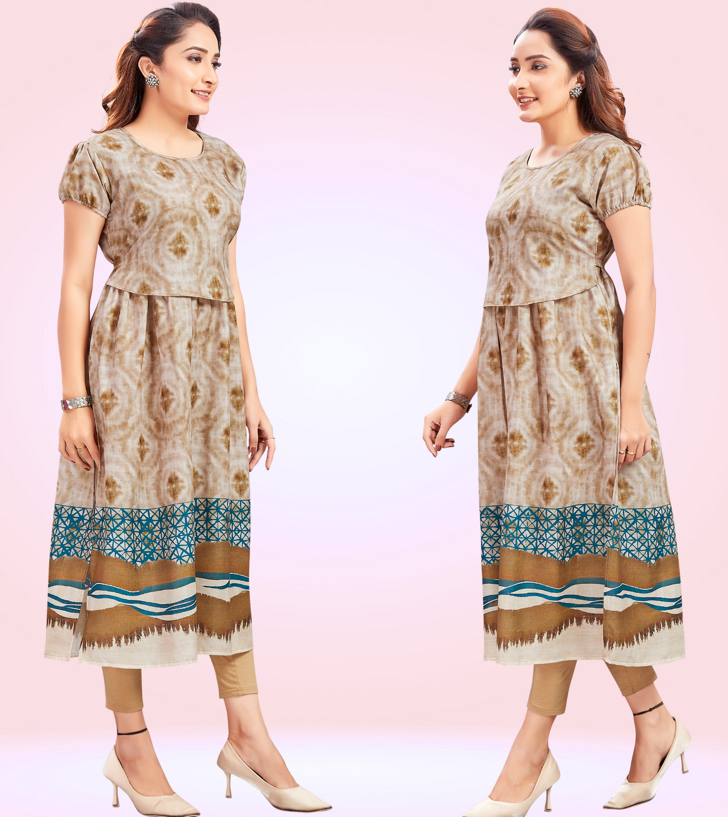 Elegant Fawn Cotton Printed Straight Zipless Feeding Kurta