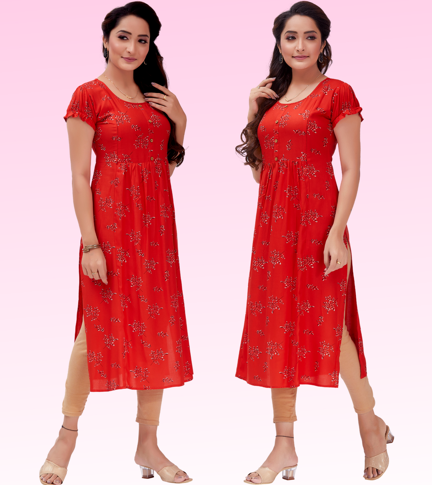 Elegant Pink Rayon Printed Straight Feeding Kurta