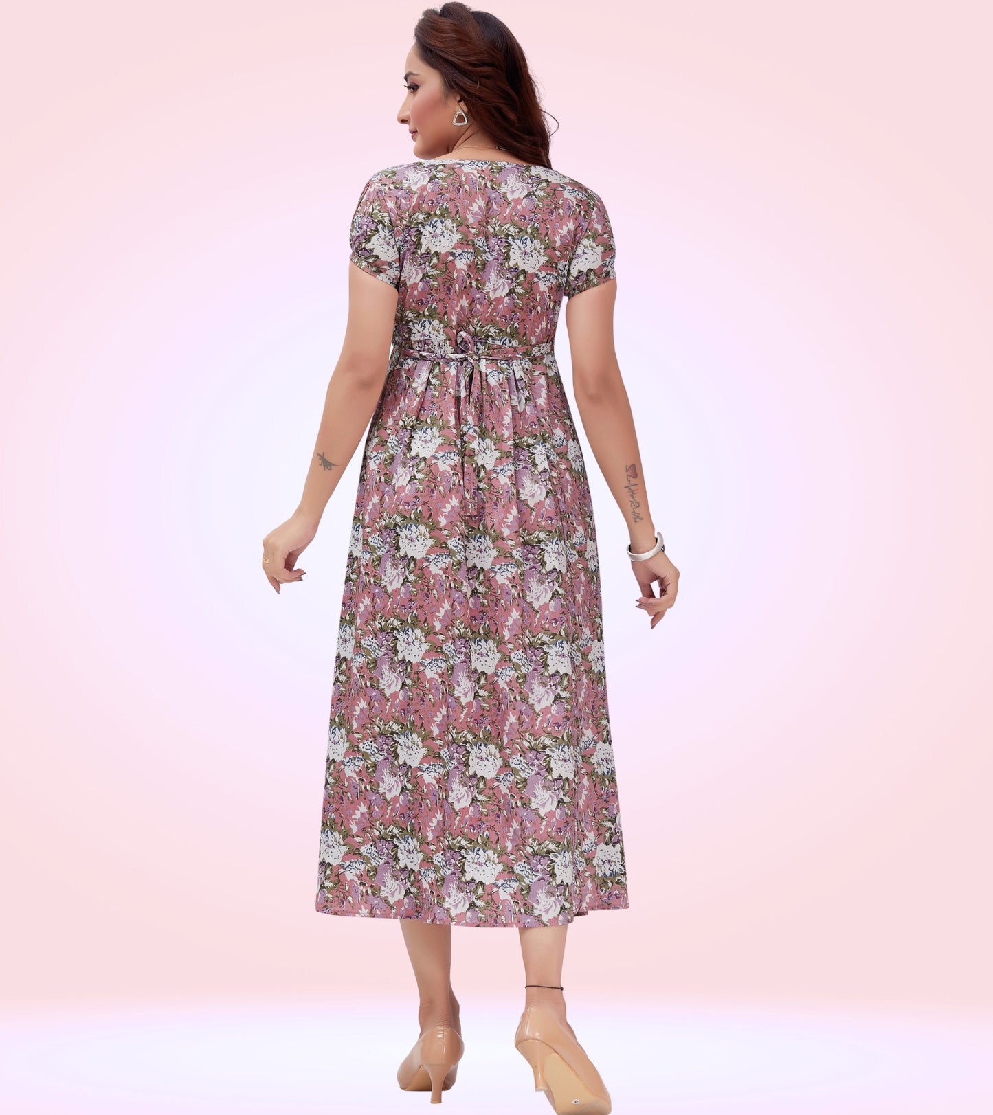 Mesmerizing Pink Poly Wrinkle Printed Flared Feeding Dress