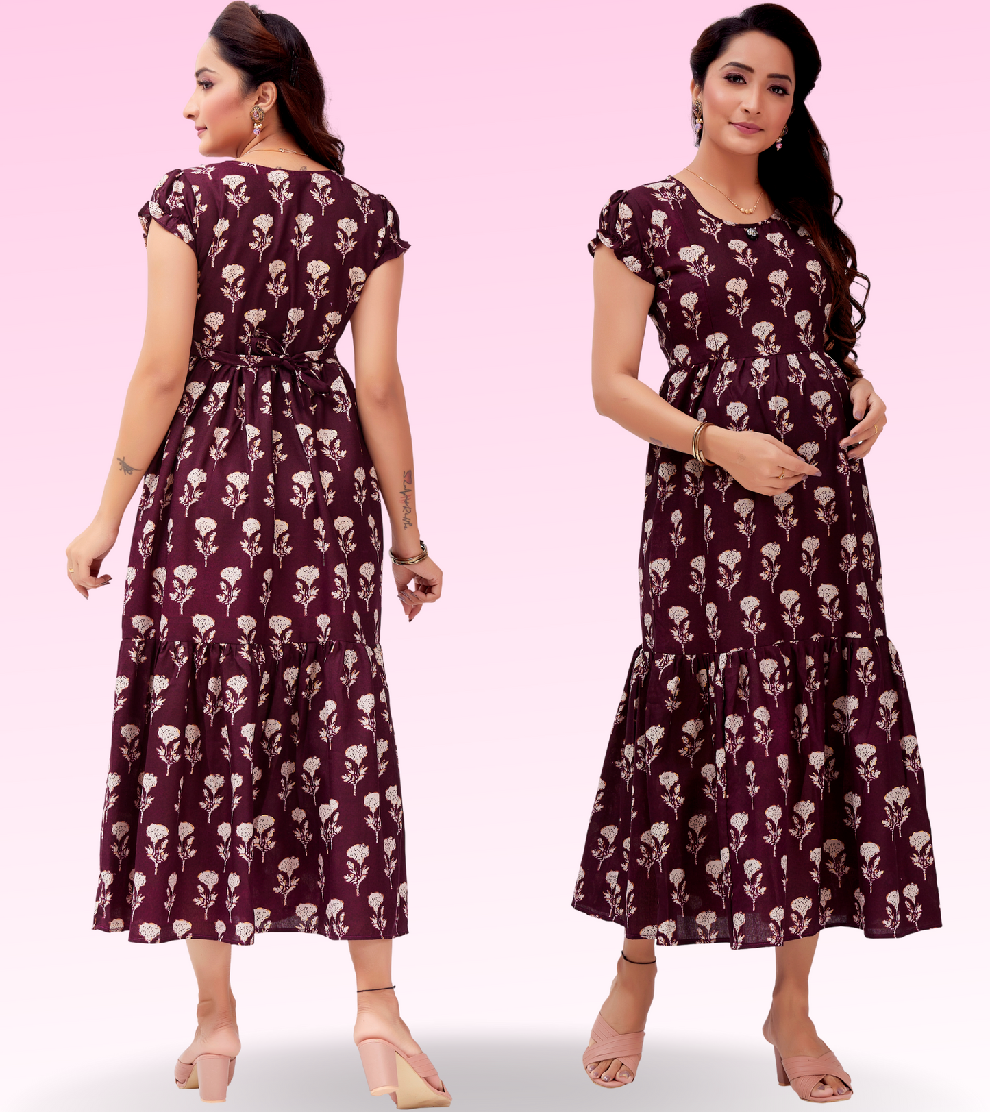 Impressive Wine Cotton Blend Printed Layered Anarkali Feeding Kurta