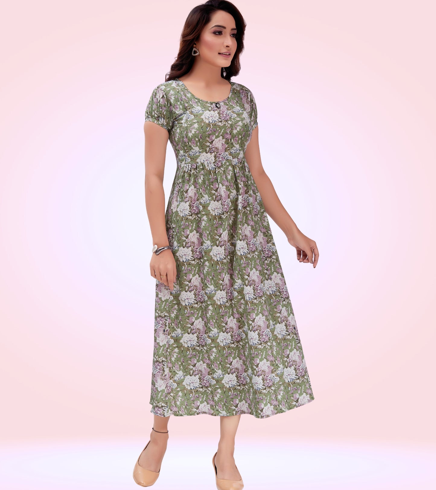 Splendid Green Poly Wrinkle Printed Flared Feeding Dress