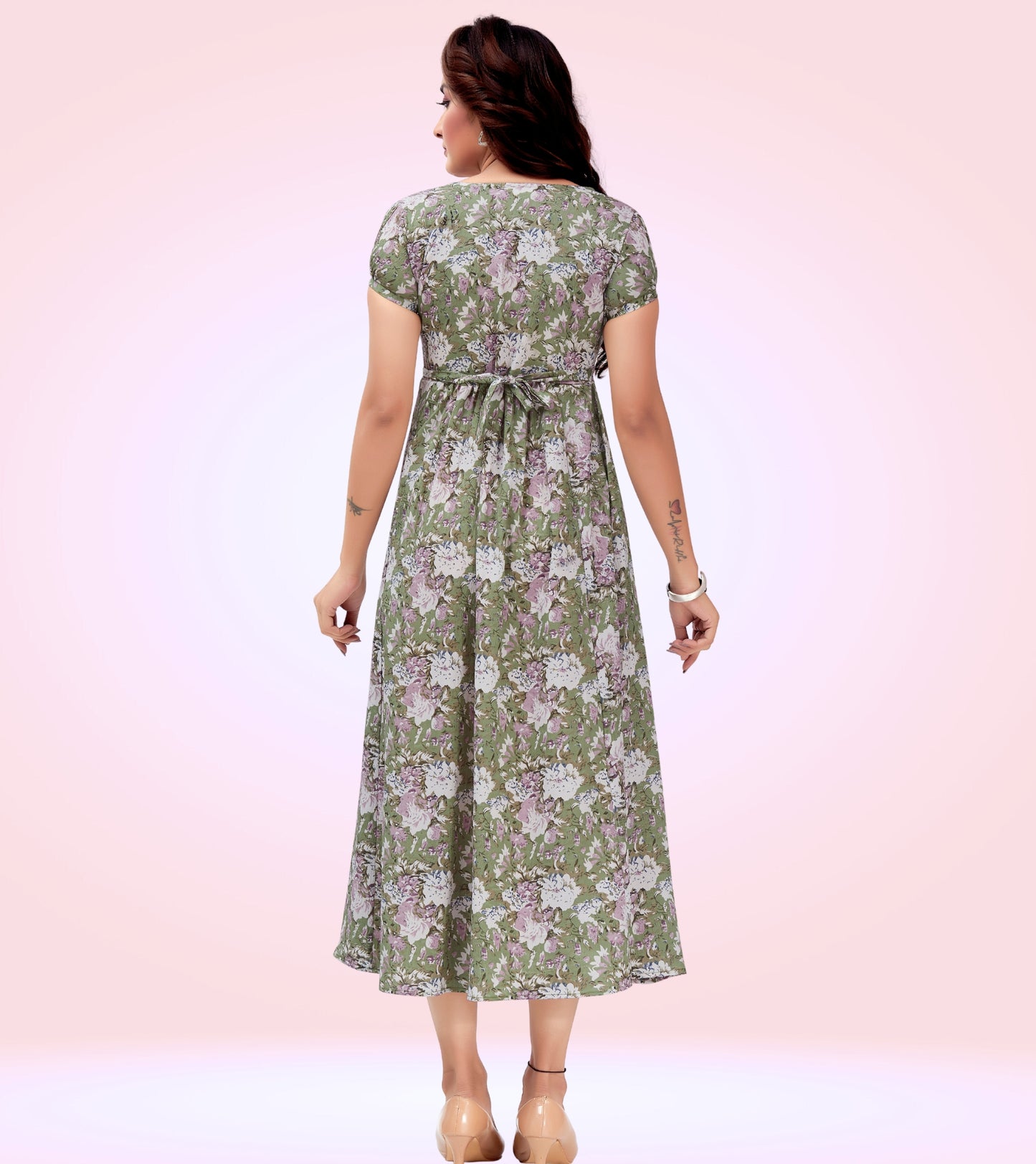 Splendid Green Poly Wrinkle Printed Flared Feeding Dress