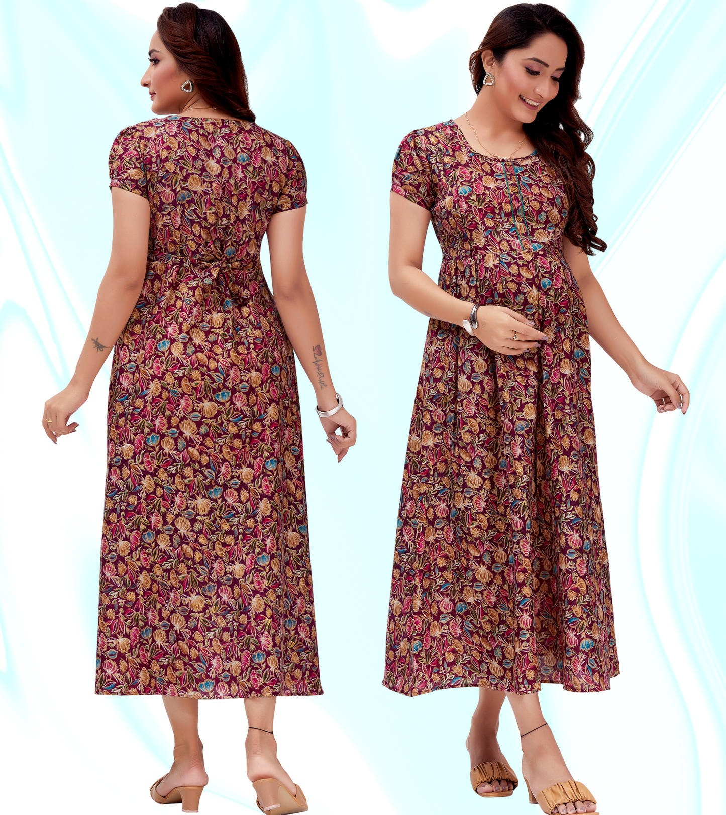 Matchless Wine Cotton Blend Printed Flared Feeding Kurta