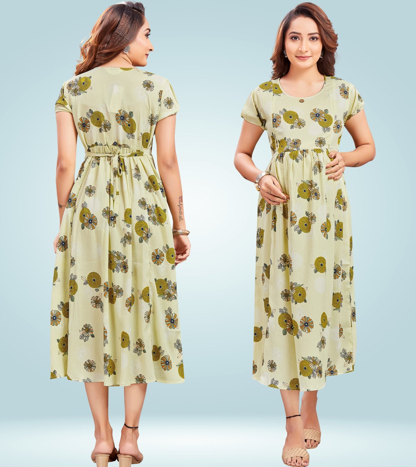 Aqua Green Poly Wrinkle Printed Flared Feeding Kurta