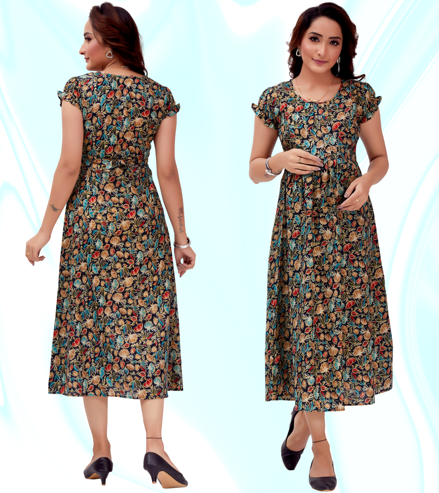 Dazzling Blue Cotton Blend Printed Flared Feeding Kurta