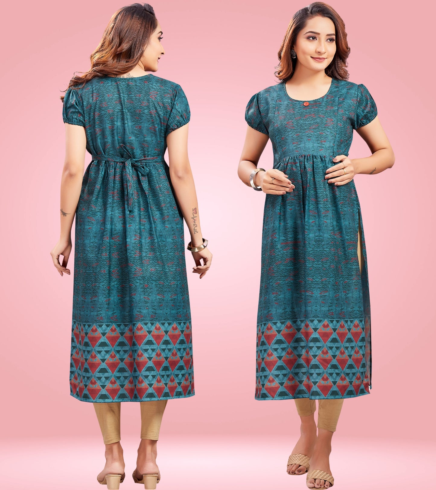 Mystical Green Cotton Printed Straight Feeding Kurta
