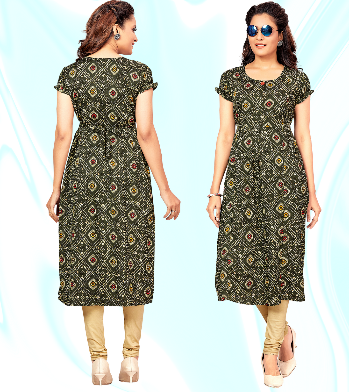 Energetic Green Poly Wrinkle Printed Straight Feeding Kurta