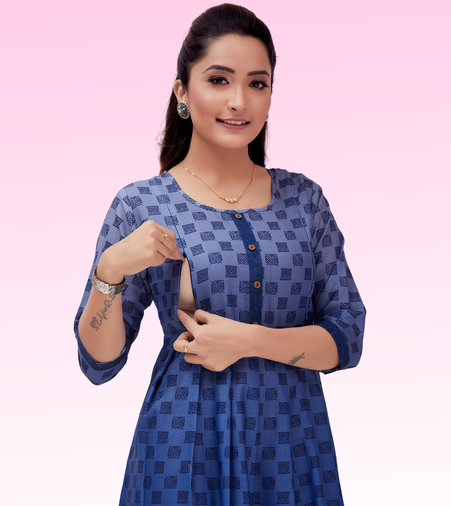 Brilliant Blue Cotton Printed Flared Feeding Kurta