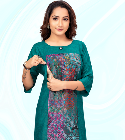 Matchless Green Rayon Printed Straight Feeding Kurta