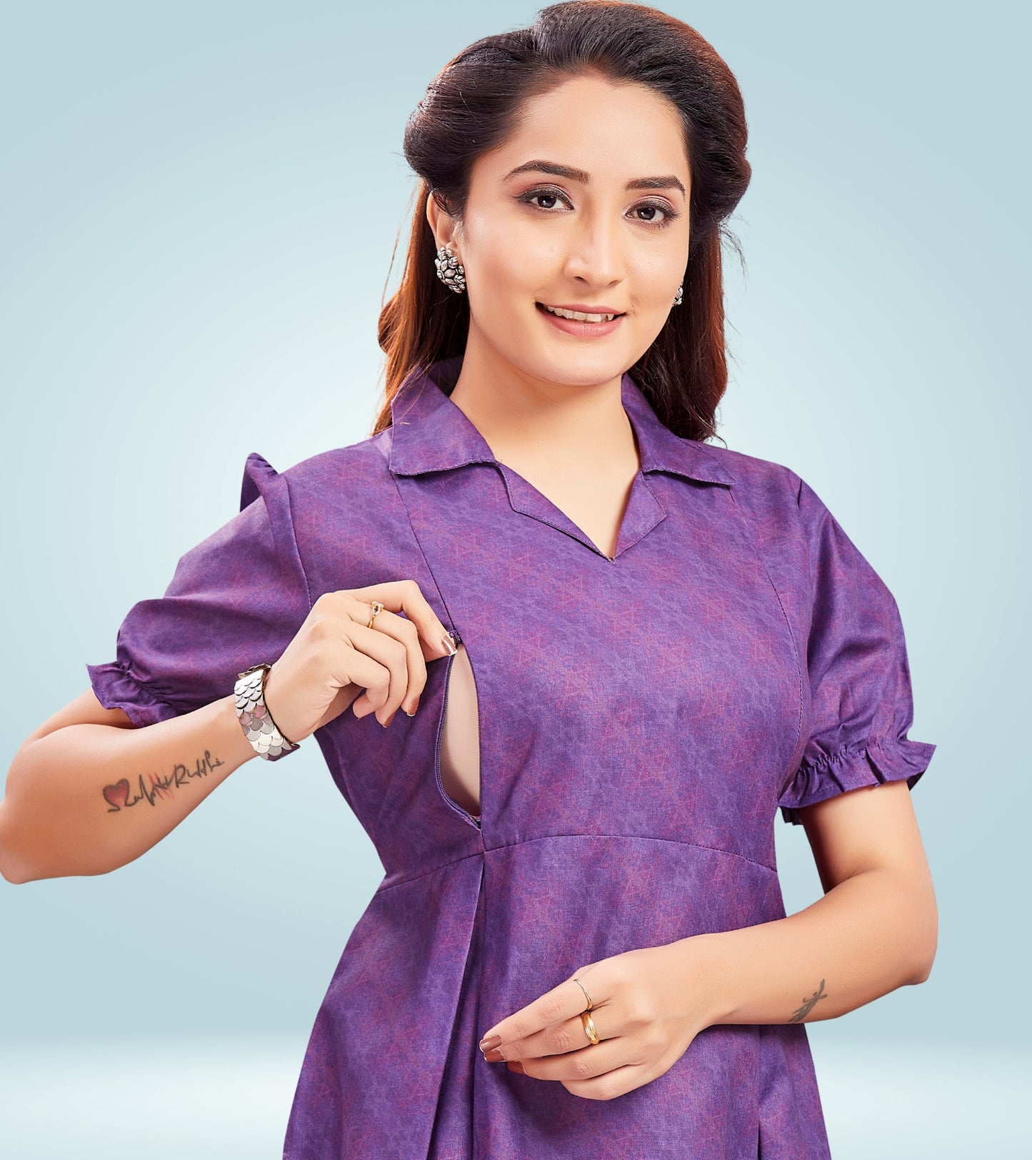 Sweet Purple Cotton Collared Neck Straight Feeding Kurta